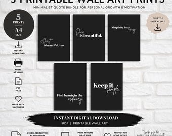 5 Minimalist Quote Prints | Black & White Typography Bundle (A4 PDF Digital Download)