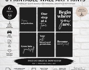 6 Minimalist Quote Prints | Black & White Growth Bundle (A4 PDF Digital Download)