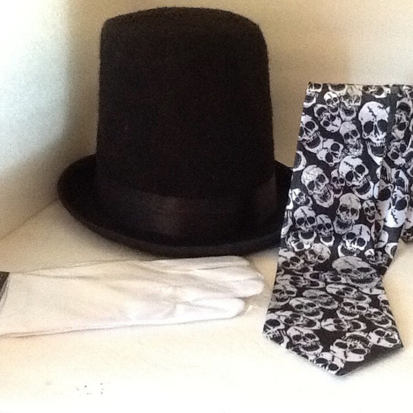 Tophat, Black Top Hat, Skull Tie, White Gloves, Halloween Tophat,Halloween Costume