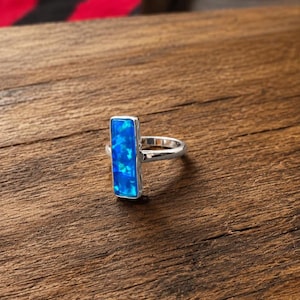 Blue Opal Bar Ring – Sterling Silver Statement Ring, Ocean Fire Opal Jewelry, Modern Geometric Gemstone Ring