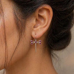 Ruby Dragonfly Earrings, Handmade Silver Insect Design Jewelry