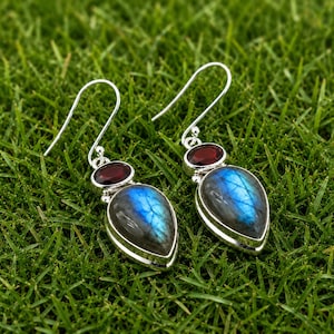 Natural Labradorite Earrings, 925 Sterling Silver Boho Dangle Earrings, Gift for Women