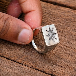 Silver Star Engraved Ring – Rectangular Signet Style Minimal Jewelry