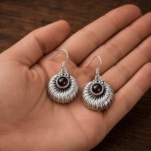 Natural Garnet Sterling Silver Dangle Earrings, Handmade Boho Gemstone Earrings, Vintage Oxidized Silver Jewelry