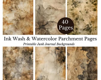 Paquete de papel pergamino antiguo de acuarela / Páginas de diario con tinta lavada / Fondos de papel envejecido vintage para diarios basura y álbumes de recortes
