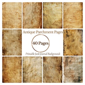 Puede incluir: Una colecci&oacute;n de p&aacute;ginas de pergamino antiguas con una est&eacute;tica vintage. Las p&aacute;ginas est&aacute;n envejecidas con un aspecto desgastado, con manchas y arrugas. La imagen incluye el texto "Antique Parchment Pages" y "40 Pages" para fondos imprimibles de diario basura.
