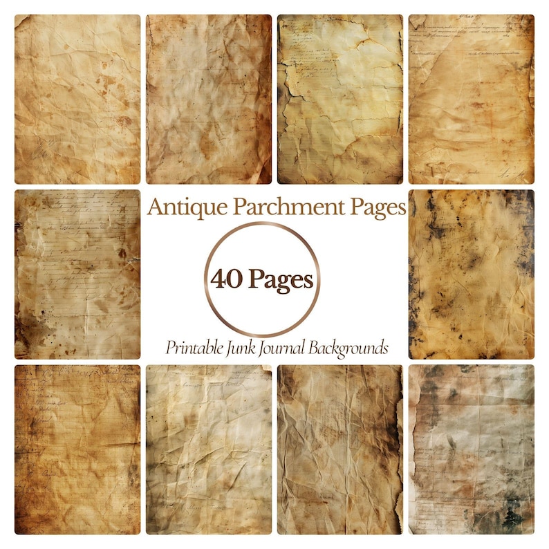 Puede incluir: Una colecci&oacute;n de p&aacute;ginas de pergamino antiguas con una est&eacute;tica vintage. Las p&aacute;ginas est&aacute;n envejecidas con un aspecto desgastado, con manchas y arrugas. La imagen incluye el texto "Antique Parchment Pages" y "40 Pages" para fondos imprimibles de diario basura.