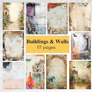 May include: A collection of 117 pages titled Buildings & Walls featuring various artistic backgrounds. The images display weathered stone textures, crumbling plaster, architectural ruins, floral accents, a person in a gown, and an elephant.