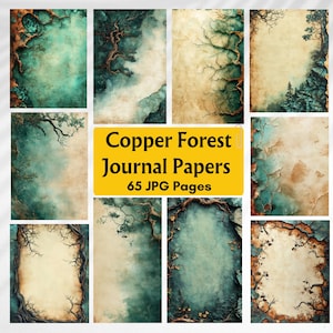 May include: A collection of digital journal papers featuring copper and teal forest-themed designs. The central yellow text box reads Copper Forest Journal Papers 65 JPG Pages. The papers display intricate tree branches, rocky textures, and aged parchment.