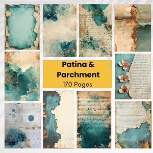 May include: A collection of 170 pages featuring Patina & Parchment designs with teal, blue, and beige weathered textures, torn paper edges, vintage handwriting, musical notation, and floral accents in a grid layout on a white background.