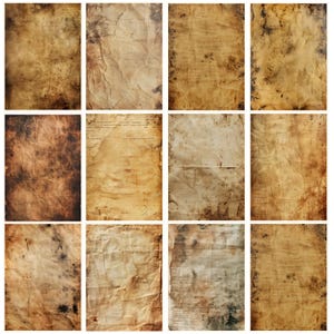 Puede incluir: Un conjunto de doce hojas de papel envejecido, cada una con una apariencia &uacute;nica. Los papeles muestran tonos marrones y beige, con manchas, arrugas y fragmentos de texto descoloridos, creando una sensaci&oacute;n vintage. Adecuado para manualidades o a&ntilde;adir un toque hist&oacute;rico.