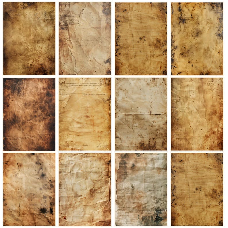 Puede incluir: Un conjunto de doce hojas de papel envejecido, cada una con una apariencia &uacute;nica. Los papeles muestran tonos marrones y beige, con manchas, arrugas y fragmentos de texto descoloridos, creando una sensaci&oacute;n vintage. Adecuado para manualidades o a&ntilde;adir un toque hist&oacute;rico.