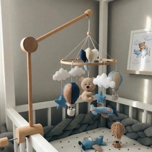 Aviator Bear Baby Mobile, Airplane Crib Toy, Travel Decor, Wooden Hot Air Balloon