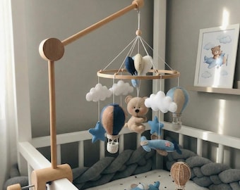 Aviator Bear Baby Mobile, Airplane Crib Toy, Travel Decor, Wooden Hot Air Balloon