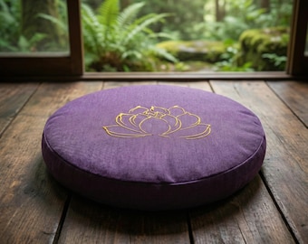 Cojín de meditación bordado con loto púrpura / Cojín redondo de suelo Zafu / 40 cm