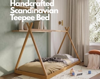 Montessori Teepee Bed for Kids, Solid Alder Wood Floor Bed Frame, Sturdy 55lbs Wigwam Toddler Bed with Slats, Custom RAL Colors