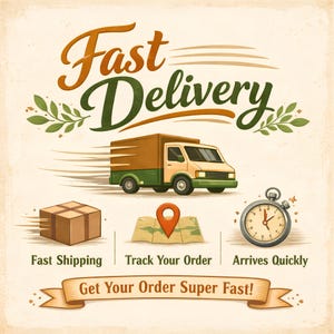 Puede incluir: Ilustraci&oacute;n con un cami&oacute;n de reparto y las palabras "Fast Delivery". Se muestran iconos de env&iacute;o r&aacute;pido, seguimiento y llegada r&aacute;pida. Una pancarta dice "Get Your Order Super Fast!"