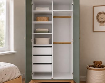 Large Olive Green Montessori Wardrobe | Kids Armoire with Drawers | Nursery Furniture | Scandinavian Toddler Closet | Wooden Baby Storage