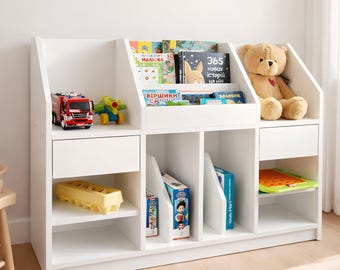 Montessori Large Kids Bookshelf Front Facing – White Wooden Children's Book Display Shelf, Kids Furniture