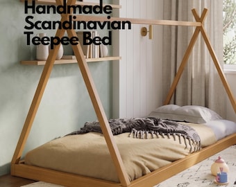 モンテッソーリ式ティピーベッド（子供用）、頑丈なアルダー材の床置きベッドフレーム、耐荷重25kgの丈夫な幼児用ウィグワムベッド（すのこ付き）、カスタムRALカラー対応