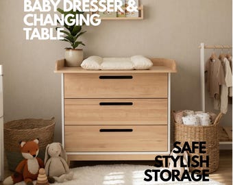Natural Wood Baby Dresser with Changing Unit, Nursery Dresser, Chest of Drawers, Toddler Dresser, Kids Furniture, Baby Room Furniture
