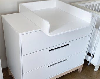 Baby Changing Table Dresser with Removable Topper | White 3 Drawer Wooden Chest | Scandi Nursery Furniture | Modern Diaper Station Storage