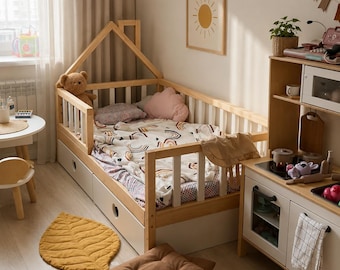 Montessori House Bed with Drawers | 2-in-1 Convertible Toddler Canopy Bed | Solid Alder Wood Transition Bed with Rails | Custom Sizes