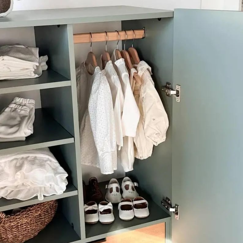 Montessori Wardrobe & Furniture for Toddlers, Baby Closet Organizer with Dress Up Storage, Nursery Shelves, Toy Storage, Kids Wooden Armoire image 4