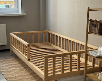 Toddler Floor Bed Frame with Rails, Low Profile Montessori Bed Solid Alder Ash Wood, Custom Height & Color Kids Furniture, Eco Friendly