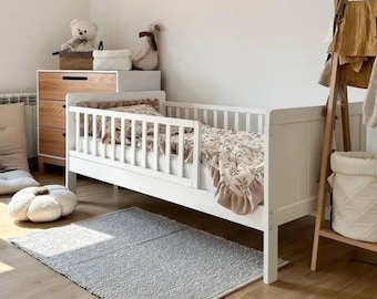 Toddler Bed with Safety Rails | Solid Beech Wood Kids Bed | Custom Size Floor Bed Frame | White Transition Bed | Junior & Twin Sizes