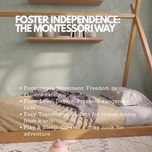 Puede incluir: Una cama de madera de estilo Montessori con un colch&oacute;n claro y una manta gris. La imagen incluye el texto "FOSTER INDEPENDENCE: THE MONTESSORI WAY". La cama est&aacute; dise&ntilde;ada para una exploraci&oacute;n segura y transiciones f&aacute;ciles.