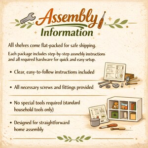Puede incluir: Ilustraci&oacute;n de una gu&iacute;a con el texto "Assembly Information" que detalla las caracter&iacute;sticas de una estanter&iacute;a embalada plana. La imagen destaca instrucciones claras, hardware incluido y montaje sencillo.