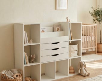 White Nursery Bookshelf with Drawers, Montessori Bookshelf, Toddler Bookshelf, Nursery Bookcase, Nursery Shelves, Baby Storage Furniture
