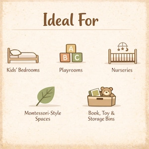 Puede incluir: Gr&aacute;fico beige con el texto "Ideal For" sobre ilustraciones de una cama, bloques, una cuna, una hoja y un contenedor de juguetes. El texto debajo de las ilustraciones dice "Dormitorios para ni&ntilde;os", "Salas de juegos", "Guarder&iacute;as", "Espacios de estilo Montessori" y "Cajas de almacenamiento de libros, juguetes".