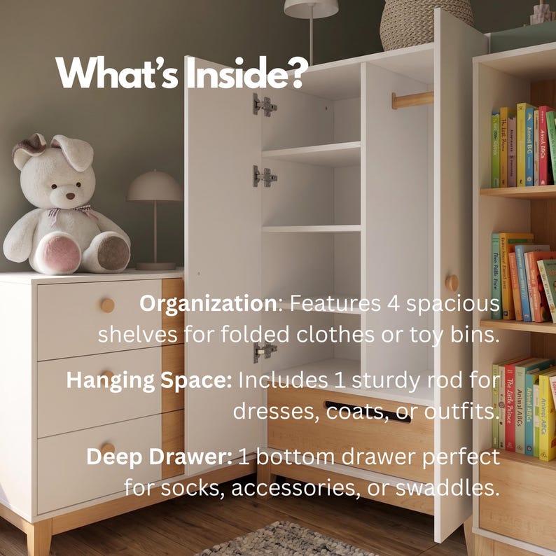 May include: White and wood-tone children's wardrobe with open doors, revealing shelves and a hanging rod. A teddy bear and a chest of drawers are on the left. Text reads "What's Inside?" and details about the wardrobe's features.