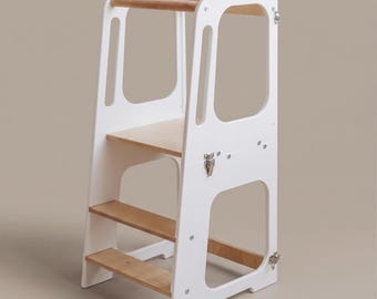 2-in-1 Montessori Standing Tower and Desk Set, Convertible Kitchen Standing Stool for Toddlers, Wooden Stool, Birthday Gift for 1 2 3 Years