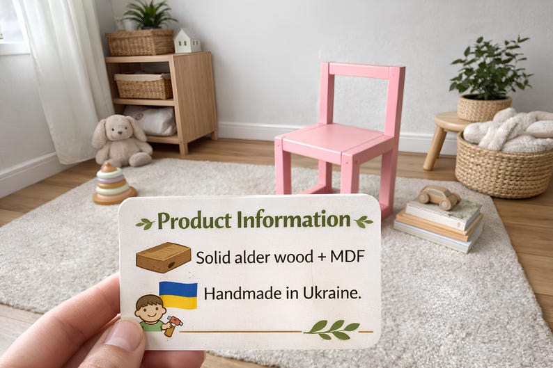 Puede incluir: Una silla de madera rosa en la habitaci&oacute;n de un ni&ntilde;o. La silla est&aacute; junto a una peque&ntilde;a mesa auxiliar de madera con una planta y una cesta de mimbre. Una tarjeta en primer plano dice "Informaci&oacute;n del producto" y afirma que la silla est&aacute; hecha de madera maciza de aliso y MDF.
