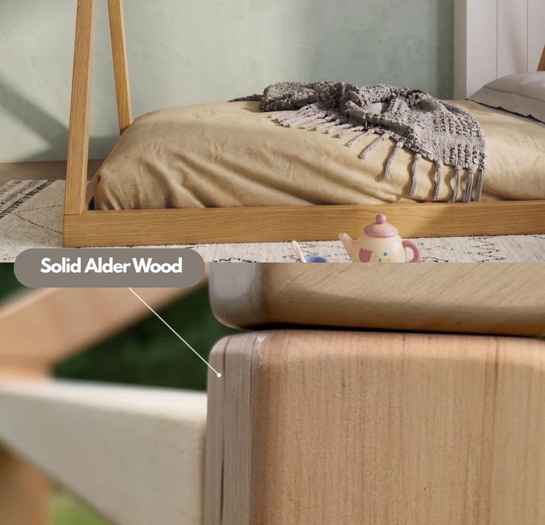 Puede incluir: Primer plano de muebles de madera maciza de aliso, que muestra la veta y la textura natural de la madera. La imagen destaca la artesan&iacute;a y la calidad de la estructura de la cama de madera y otras piezas de mobiliario. El texto "Solid Alder Wood" es visible.