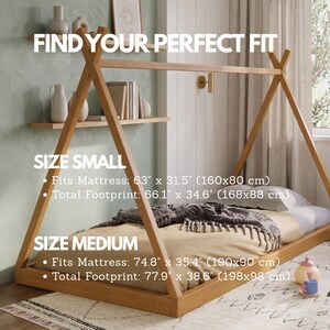 Puede incluir: Estructura de cama de madera estilo tipi con el texto "FIND YOUR PERFECT FIT". La imagen muestra dos tama&ntilde;os: Peque&ntilde;o, para un colch&oacute;n de 160 cm x 80 cm, y Mediano, para un colch&oacute;n de 190 cm x 90 cm. La cama es de madera clara.