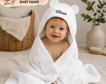 Personlig babyhandduk med huva och namn, broderad badhandduk med öron, babyshowerpresent för småbarn, poolhandduk