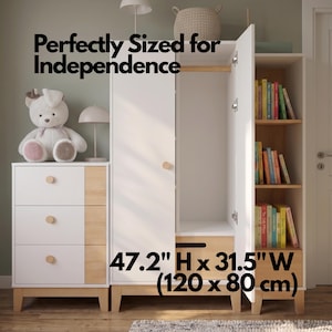 May include: White and wood-tone children's wardrobe and dresser set. The wardrobe is 47.2 inches high and 31.5 inches wide (120 x 80 cm). The text on the image reads "Perfectly Sized for Independence". The dresser has three drawers.