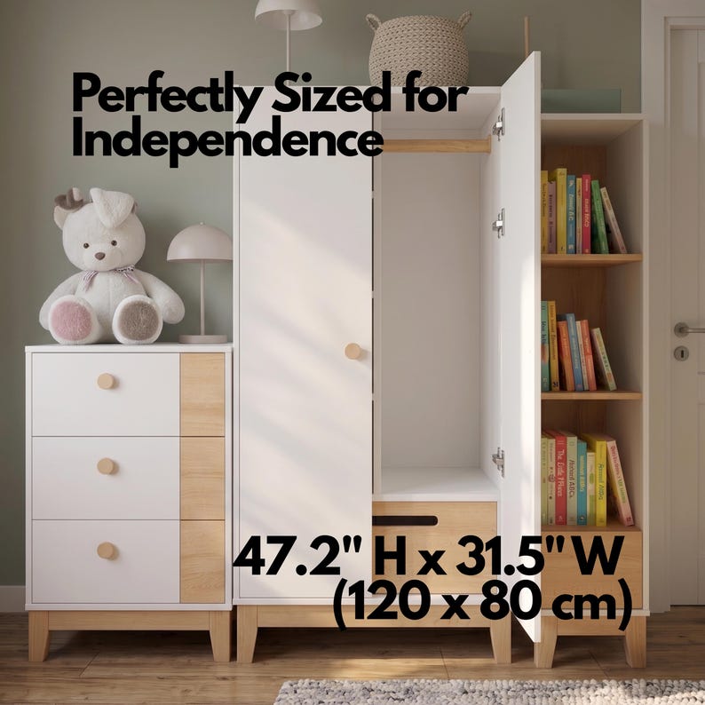 May include: White and wood-tone children's wardrobe and dresser set. The wardrobe is 47.2 inches high and 31.5 inches wide (120 x 80 cm). The text on the image reads "Perfectly Sized for Independence". The dresser has three drawers.