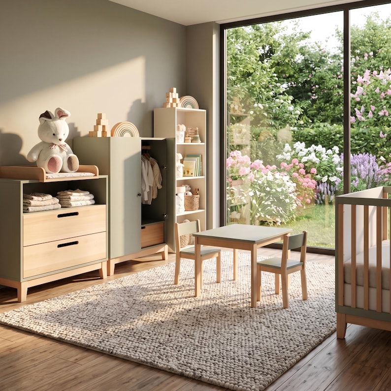 May include: A nursery room with sage green and natural wood furniture. The room includes a changing table, wardrobe, bookshelf, small table and chairs, and a crib. A large window overlooks a garden.