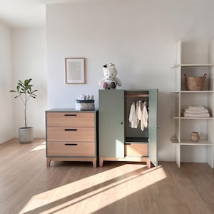 May include: A light wood and gray dresser with three drawers and a matching green and wood wardrobe with hanging clothes. A teddy bear sits atop the wardrobe. A framed print and a small plant are also visible.