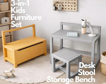 3-Piece Kids Furniture Bundle — Montessori Mini-Chair, Storage Bench & Learning Desk