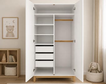 Large Montessori Wardrobe | Kids Armoire And Toddler Furniture | Scandinavian Nursery Storage | White Wood Dresser | Baby Closet Organizer