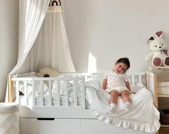 Solid Wood Kids Bed with Drawers | Toddler Bed Frame with Rails | Storage Bed Custom Sizes | Beech Wood Children Bedroom Furniture