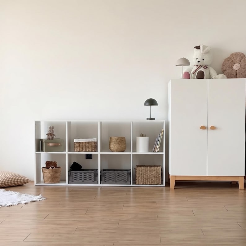 May include: A white storage unit with eight cubbies, filled with baskets, bins, and decorative items. A white cabinet with wooden legs and handles is to the right. A teddy bear and lamp sit on top.