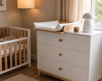 Modern Baby Changing Table Dresser | Scandinavian Nursery Furniture | White & Wood Changing Unit | Minimalist Baby Room Decor | 31.5 or 37.8