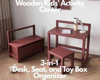Centro de actividades de madera para niños: escritorio, asiento y organizador de juguetes 3 en 1 / Conjunto de muebles Montessori para mesa y silla de niños pequeños, conjunto de madera para niños